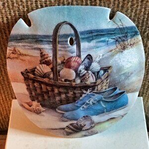 Beach Seashell Basket & Blue Shoes Sand Dollar Coastal Decor Plaque